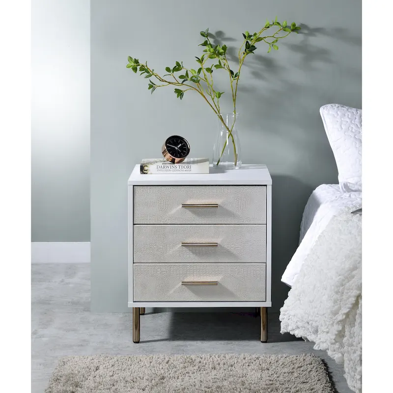 Myles Nightstand in White with Champagne & Gold Finish