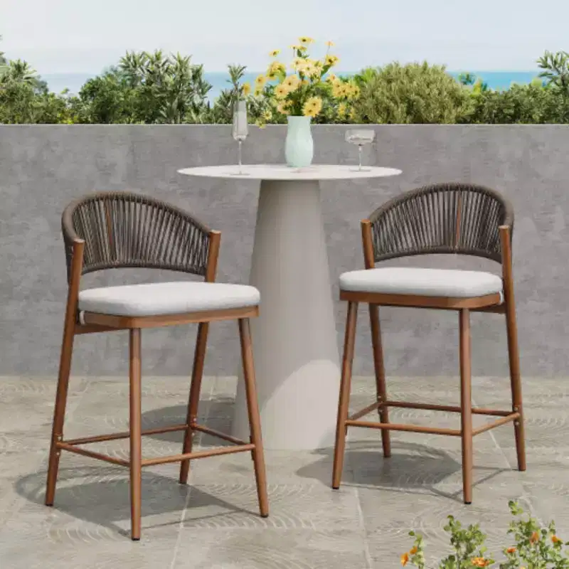 26 Outdoor Counter Stools Set of 2, Aluminum PE Rattan Backrest, Maple Finish Patio Bar Stools