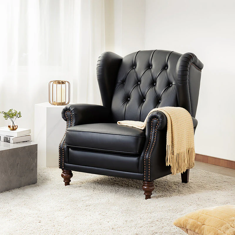 Genuine Leather Wingback Armchair with Diamond Tufting & Nailhead Trim | Navy / Brown / Burgundy / Black | Single Seat
