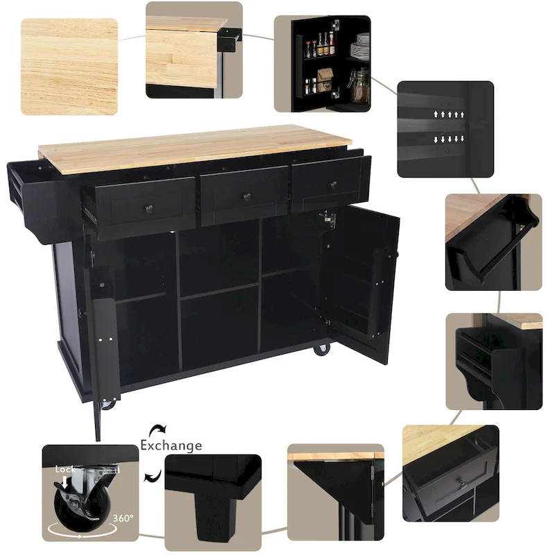 Kitchen Cart with Rubber wood Drop-Leaf Countertop