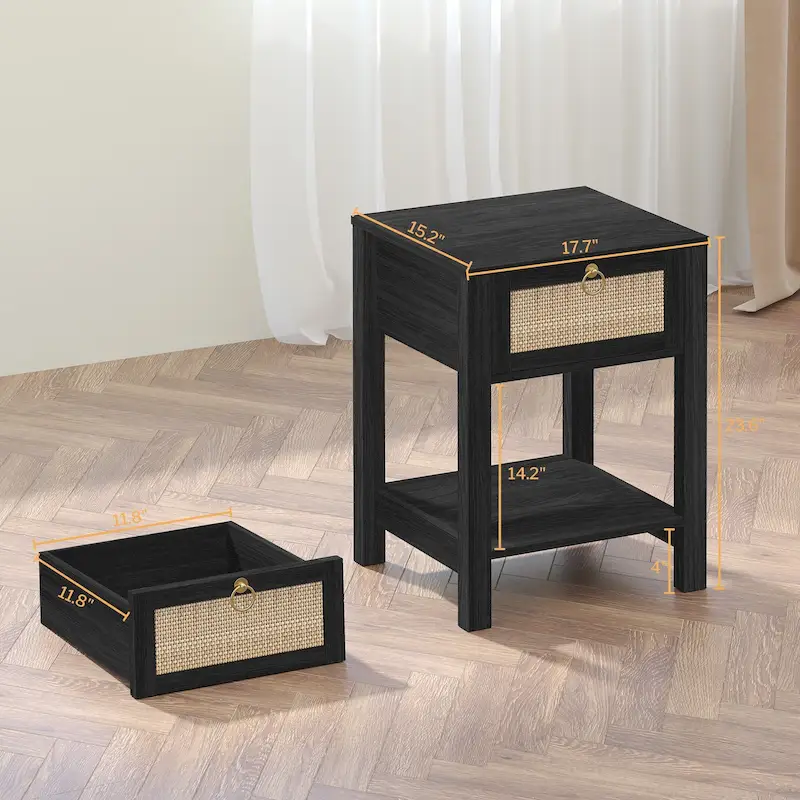 SICOTAS Farmhouse 1-Drawer Rattan Nightstand Set of 2