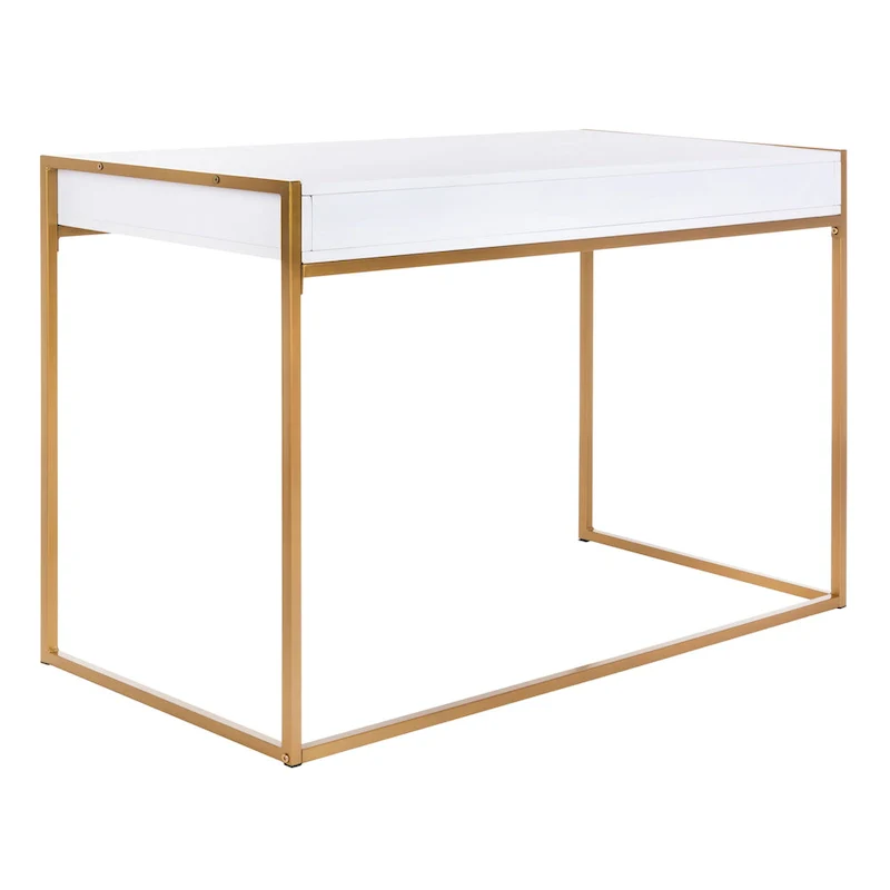 White & Gold 1-Drawer Console Desk with Metal Frame – 1-Person