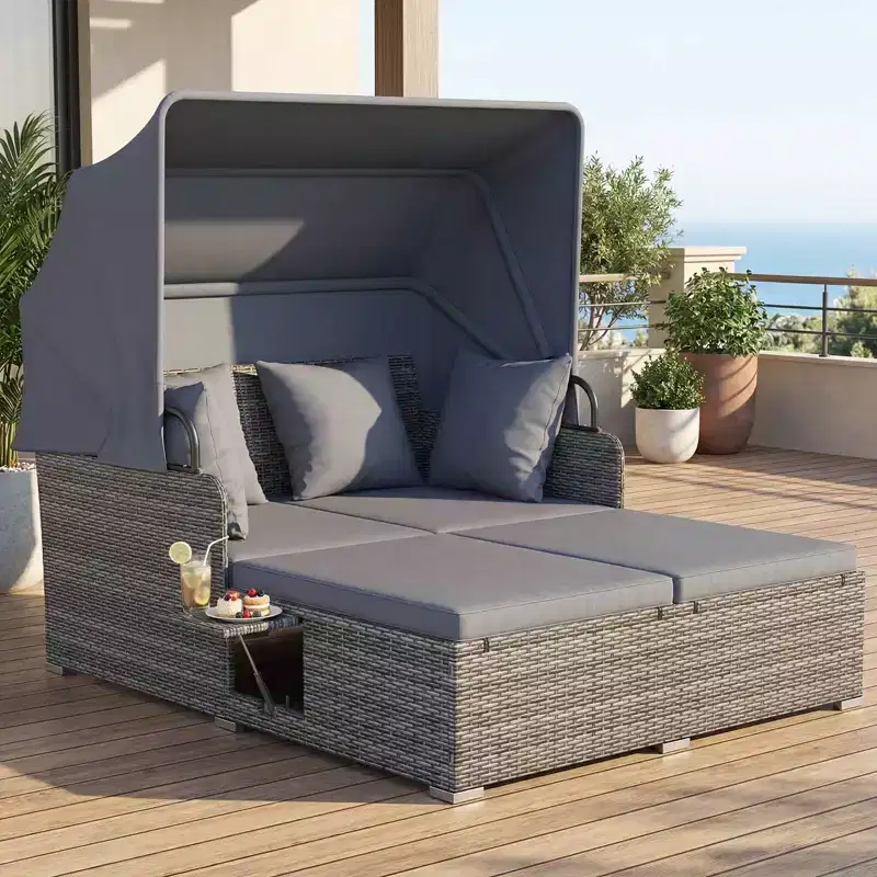 Costway Patio Rattan Daybed Lounge Retractable Top Canopy Side Tables Cushions Off White/Red/Turquoise/Beige
