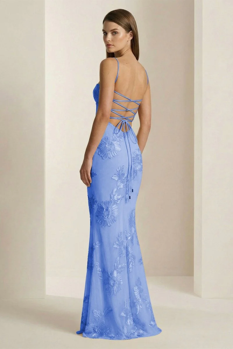 Yellow Spaghetti Straps Sheath Long Prom Dresses With Floral Embroidery