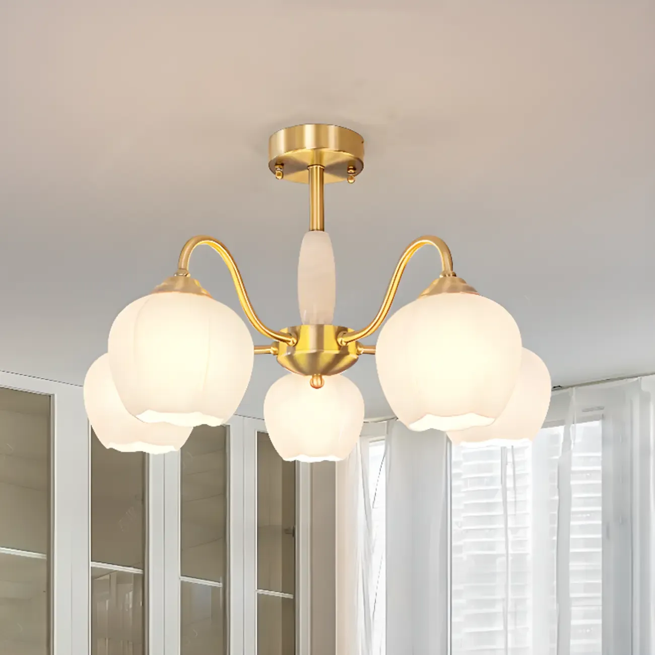 Elegant White Floral Glass Gold Chandelier