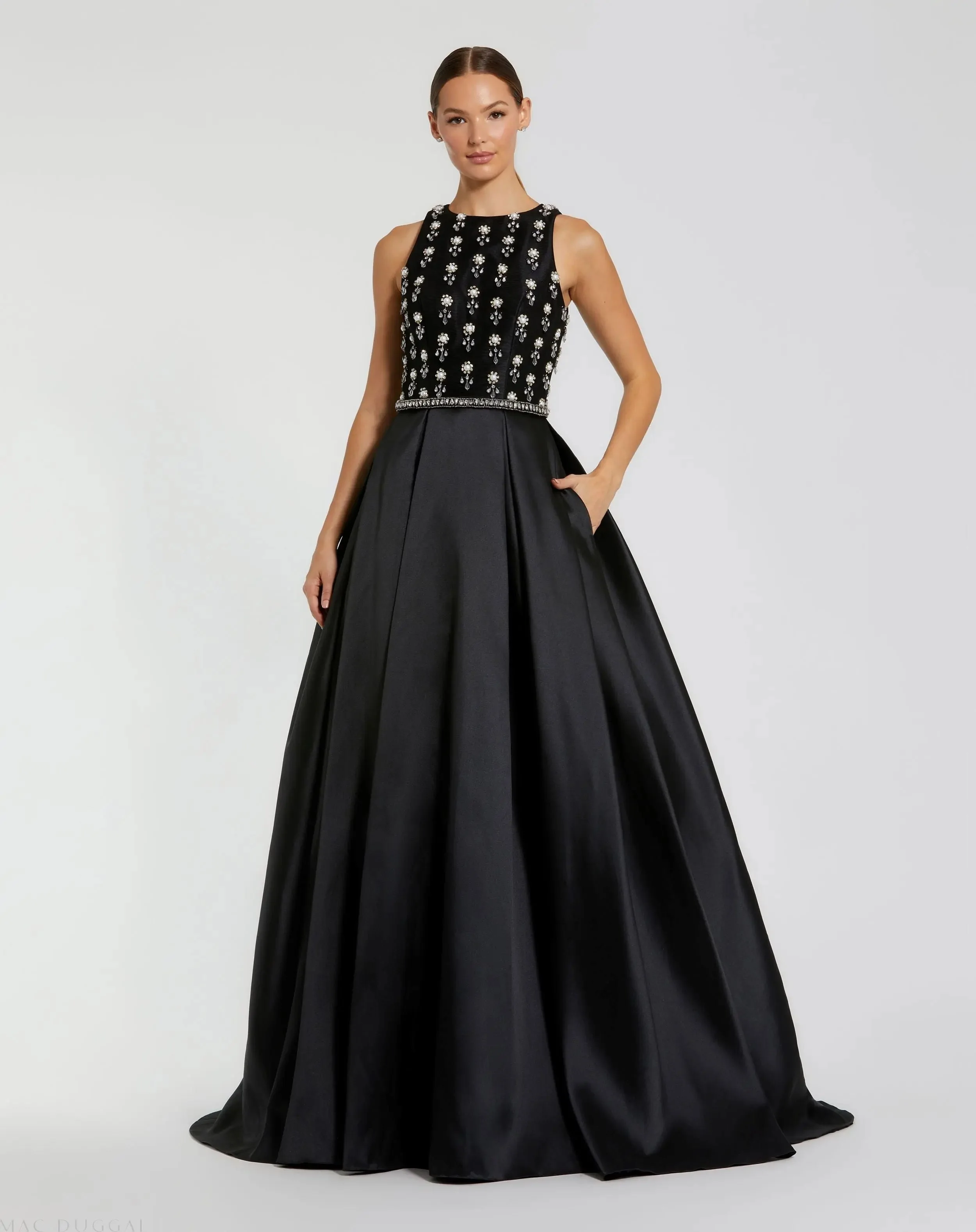 Black High Neck Sleeveless Beaded Ball Gown