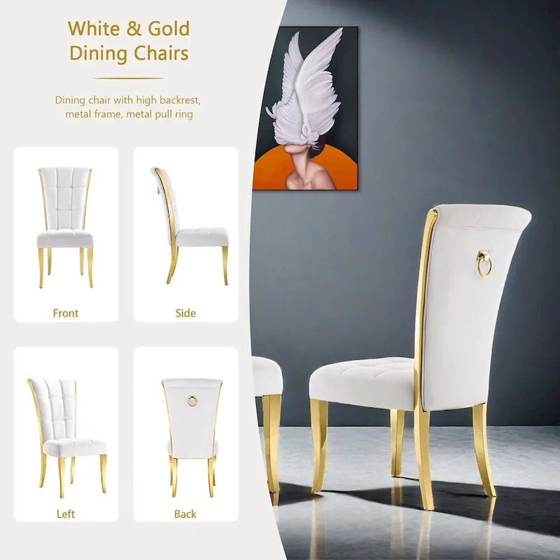 Luxury White Velvet Dining Chairs with Pull Ring on Back and Polished Gold Legs