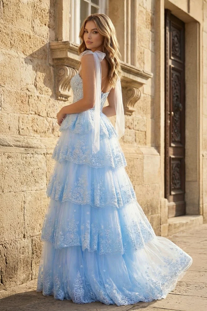 Light Blue Tulle Appliques Tying Strap Ruffle Tiered Long Prom Dress