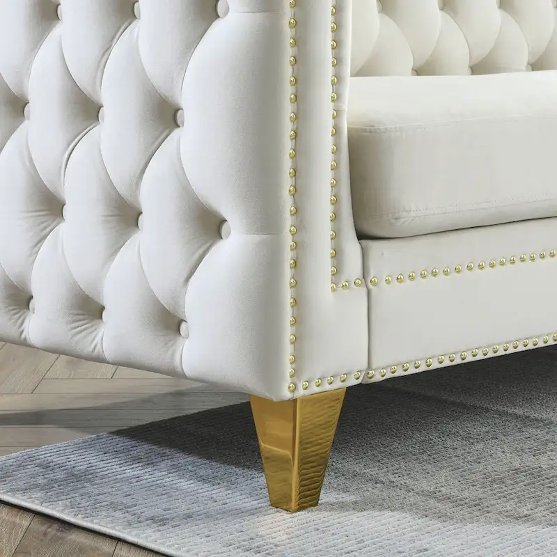 Velvet Upholstered 3 Seat Sofa,  Tufted Square Arm Sofa with Nailheads and Metal Legs