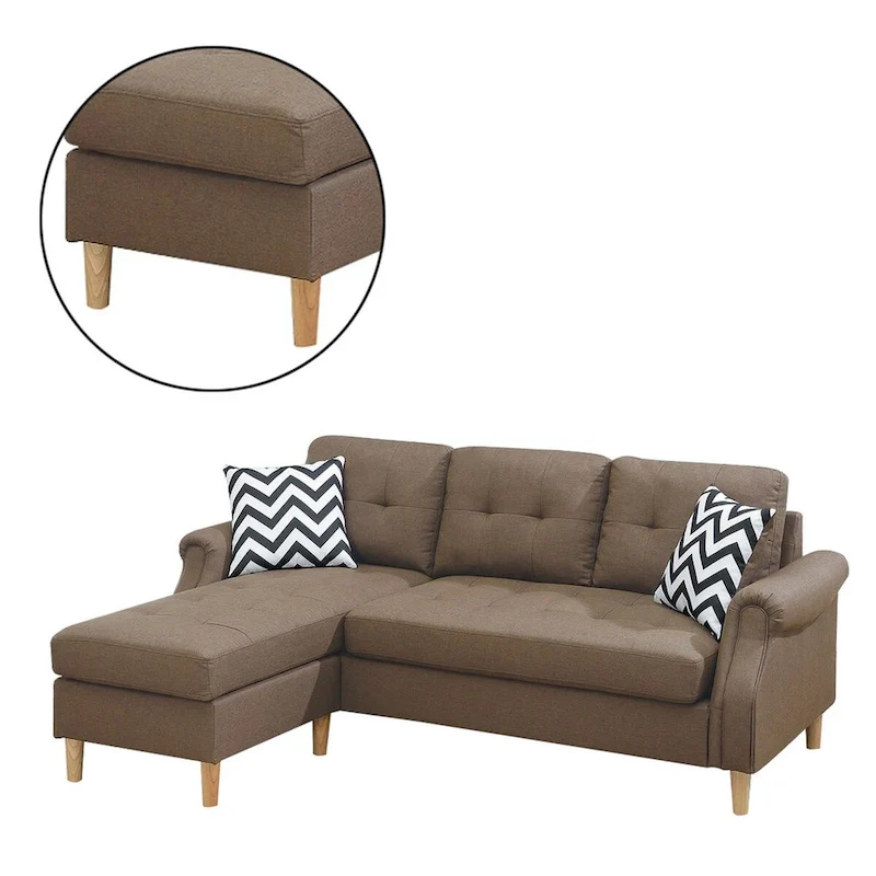 Fabric Sectional Sofa with Round Tapered Legs, Brown