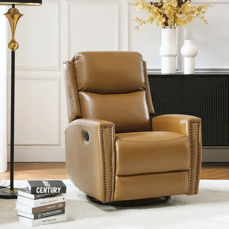 Fiacro 30.31Wide Modern Genuine Leather Wingback Swivel Rocker Recliner with Nailhead Trims