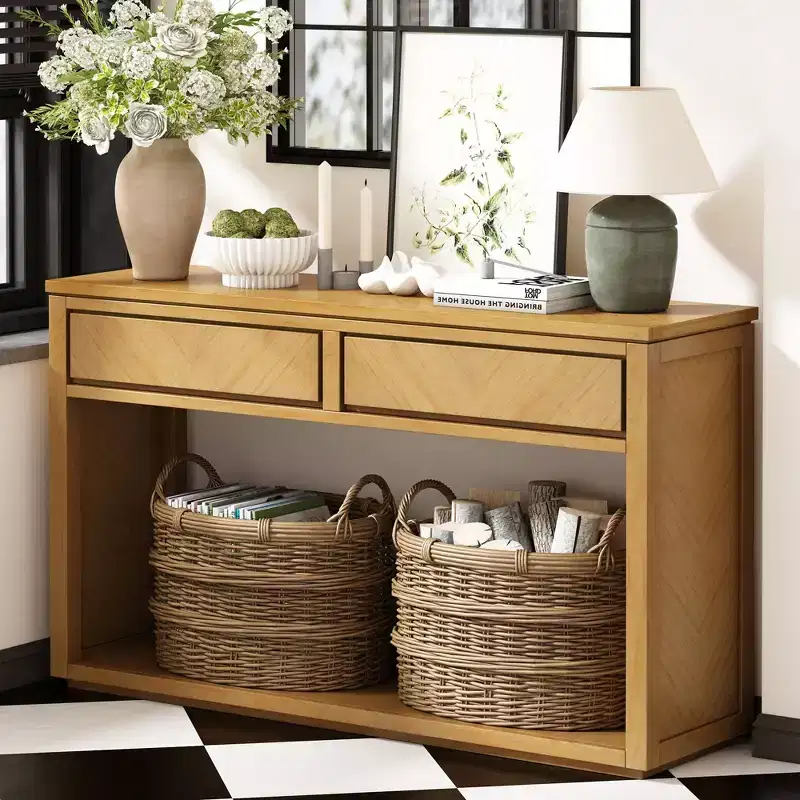 Okak 55IN Rustic Console Table with 2 Drawers, Entryway Table with Open Shelf, Hallway Table for Living Room, Bedroom, Foyer, Natural