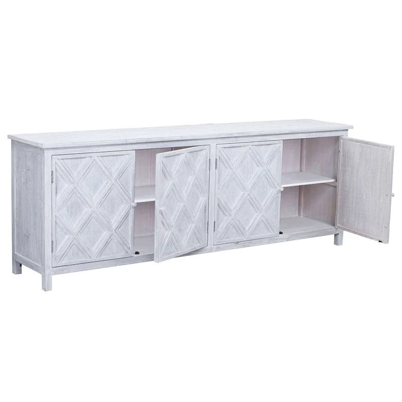 94 Reclaimed Pine White Washed Painted Carved Sideboard