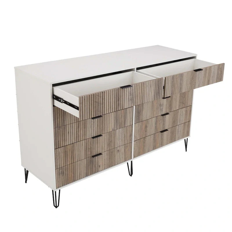 Modern 10-Drawer Double Tall Dresser with Ribbed Fronts & Gold Metal Legs – 7 Colors