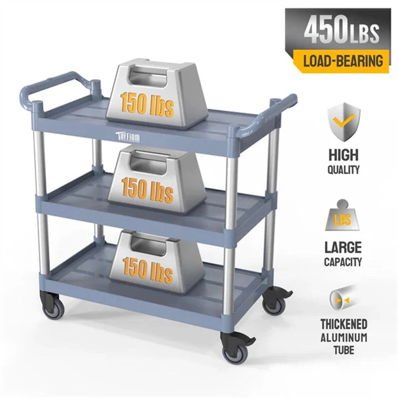 3 Tier Medium 390lbs Capacity Plastic Utility Cart with Wheels Grey