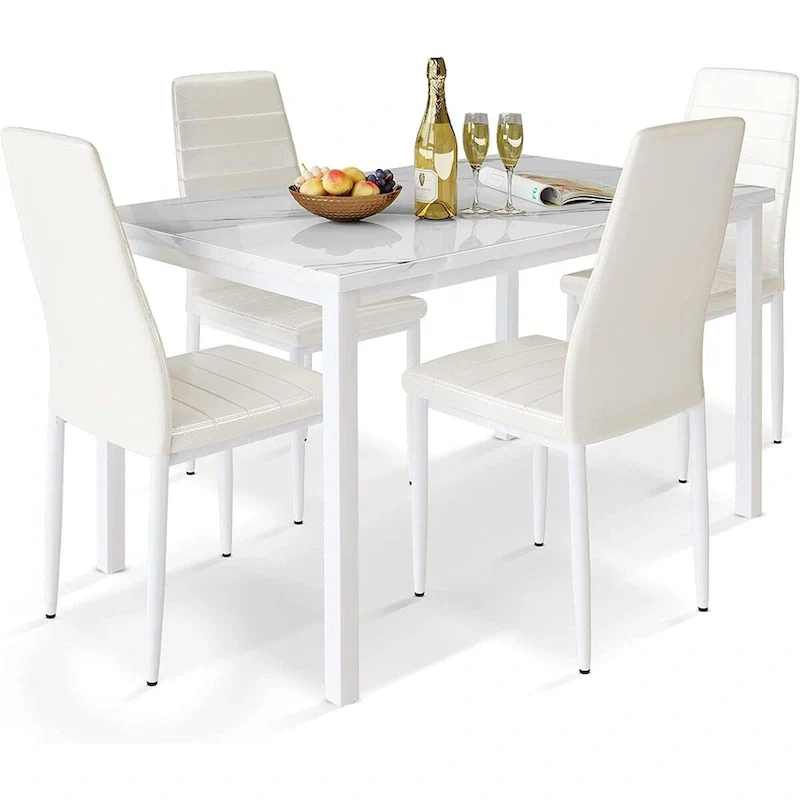Modern 5-Piece Kitchen Dining Set, Counter Height Dinette Set with Marble Look Top and 4 Upholstered PU Leather Chairs