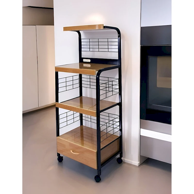 HomeRoots Black and Natural 26 Rolling Kitchen Cart With Storage - 25.5' X '59.5' X '17