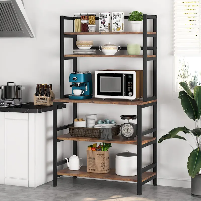 5-Tier Kitchen Bakers Rack with Hutch - Brown/Black/White