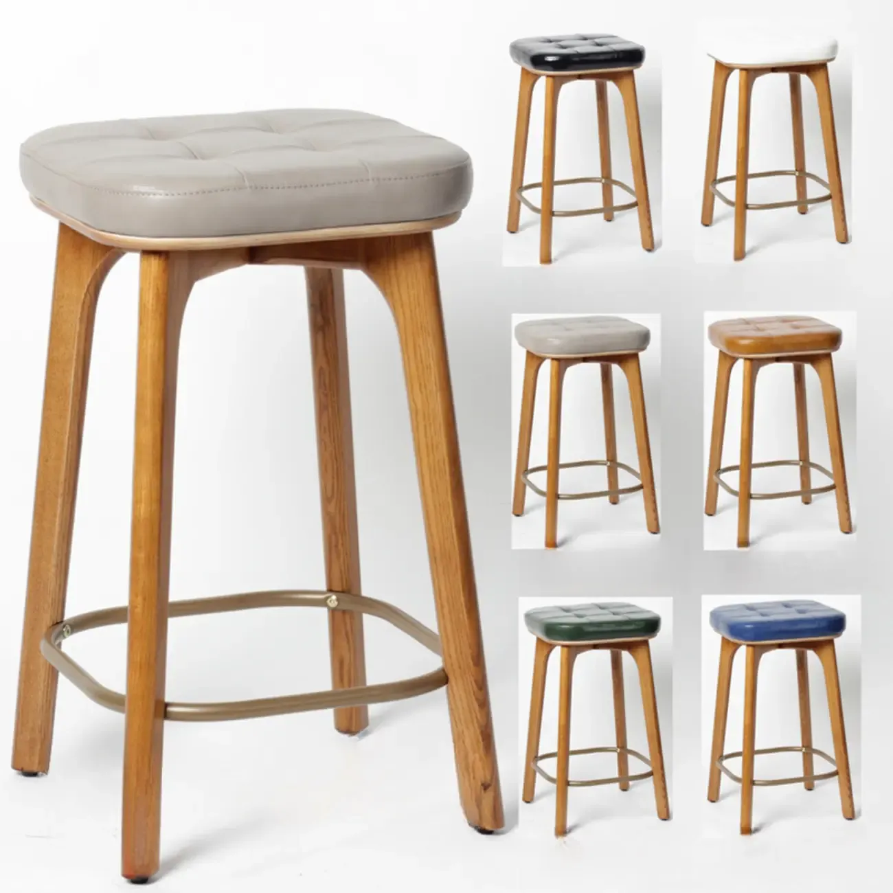 Scandinavian Wood Tufted Leatherette Bar Stools Backless