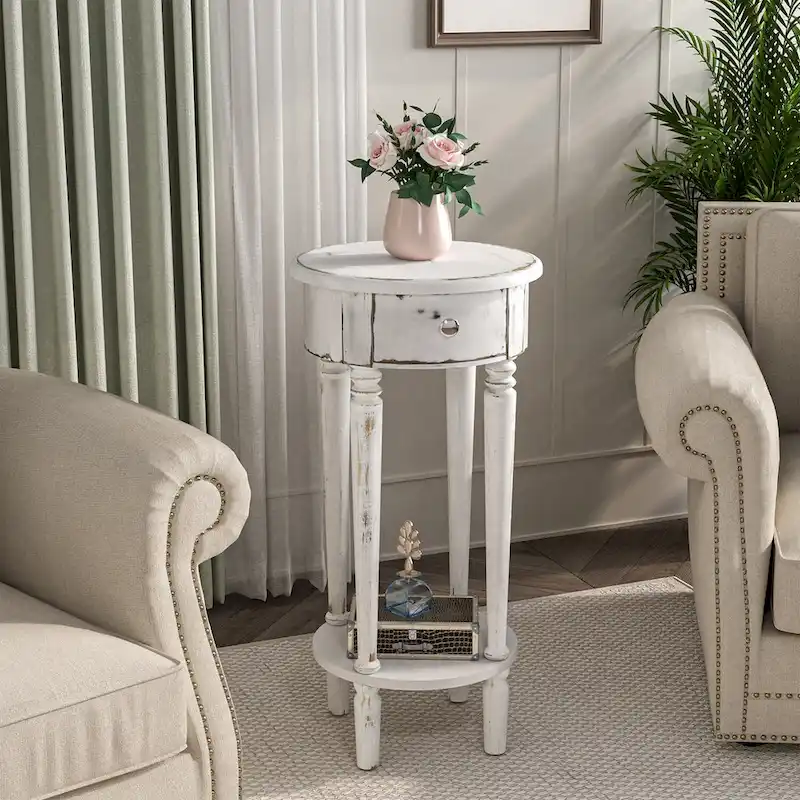 COSIEST White Distressed Round Tall Telephone Stand Table