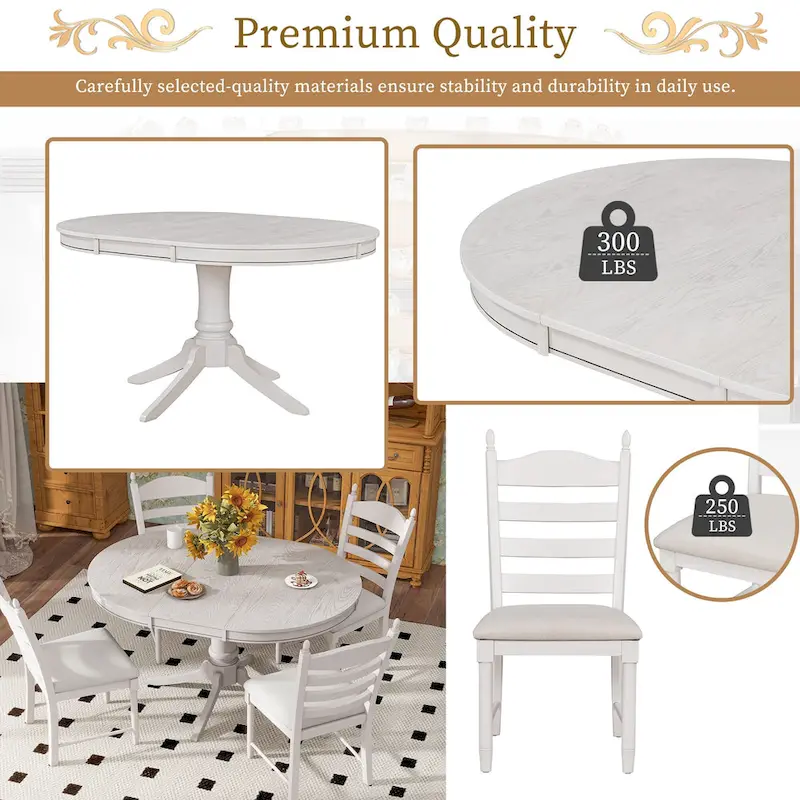 5 Piece Round Dining Table Set, Solid Wood Kitchen Table and Chair Set with Extendable Table and 4 Upholstered Chairs
