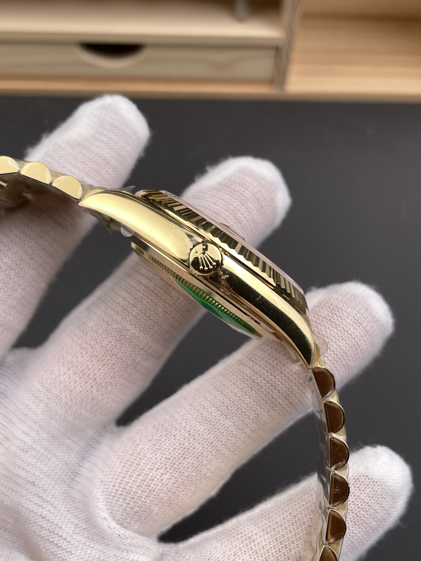 Gold Rolex Day-Date replica side profile and crown detail