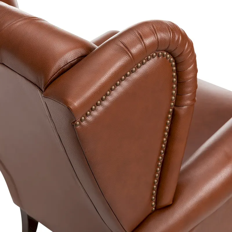 Brown Genuine Leather Wingback Armchair with Nailhead Trim, Set of 2, 1-Person
