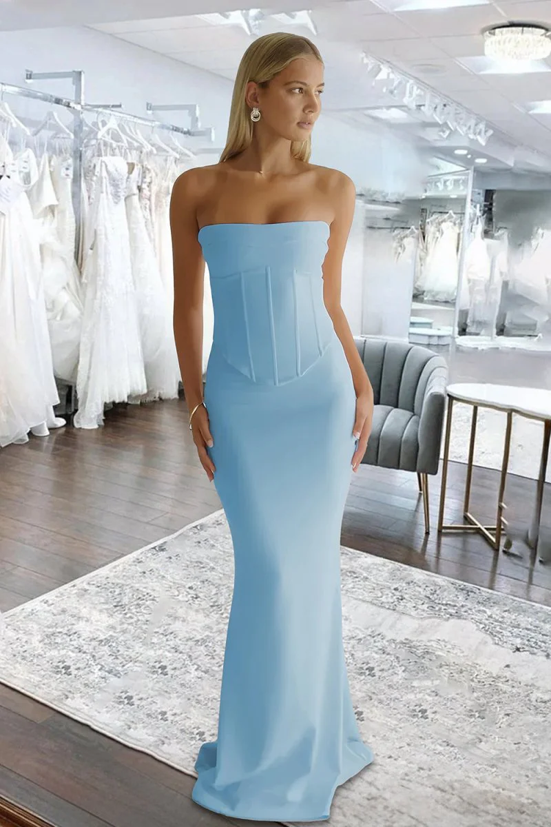 Sky Blue Strapless Sleeveless Mermaid Satin Long Prom Dresses
