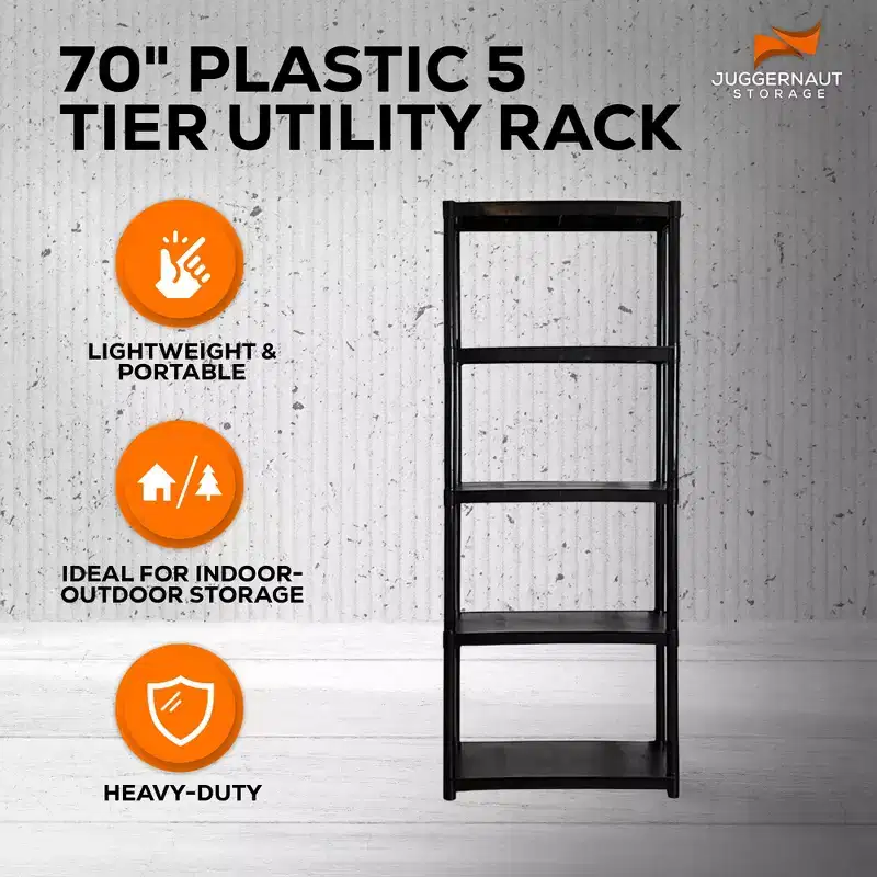 Juggernaut Storage 70 Plastic 5 Tier Utility Storage Shelving Unit Rack for Garage, Shed, or Greenhouse, Max 350 Pound Capacity, Black