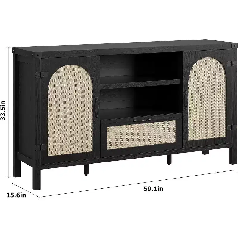 DobleePy 59 Black Rattan Buffet Cabinet with Doors, Drawer & Adjustable Shelves, Boho Farmhouse Coffee Bar Sideboard for Kitchen & Living Room