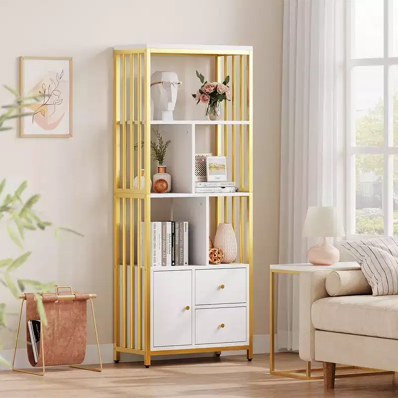 Garvee Bookshelf Modern Bookcase with Drawers Gold Storage Rack Shelf Tall Standing Bookshelves for Bedroom, Living Room, Home Office, Gold