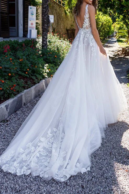 Attractive Illusion Deep V Neck Lace Appliques Boho Wedding Dress with Slit