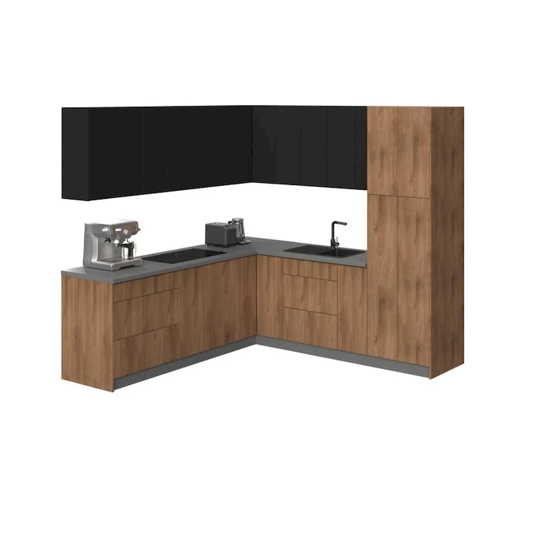 Tan/Silver/White/Black Chipboard Kitchen Cabinet Set with Soft-Close Doors & Drawers