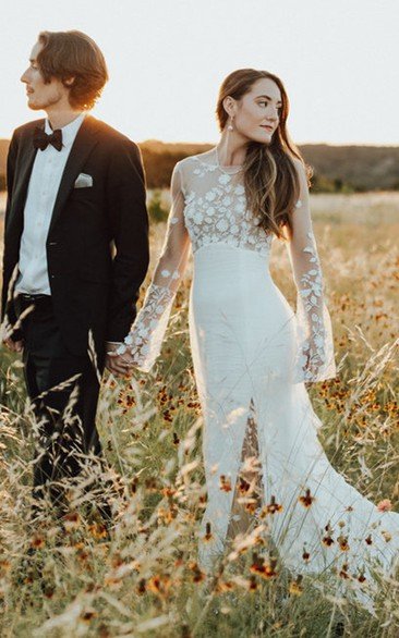 Bohemian Mermaid Bateau Chiffon Wedding Dress with Appliques and Split Front