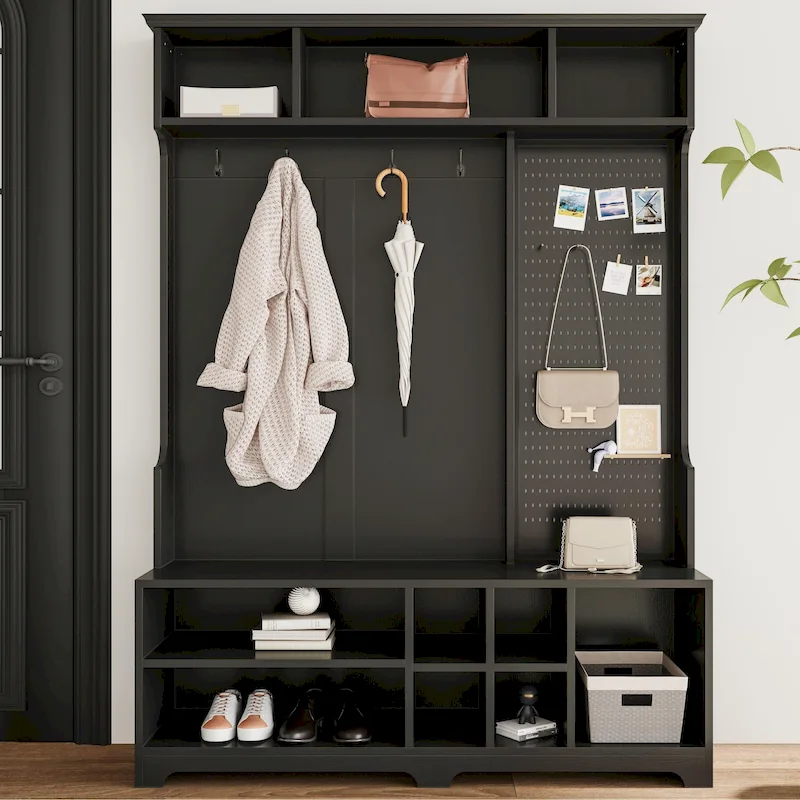 Black/White/Brown MDF Hall Tree with Shoe Bench, Pegboard, Coat Hooks & Storage Shelves