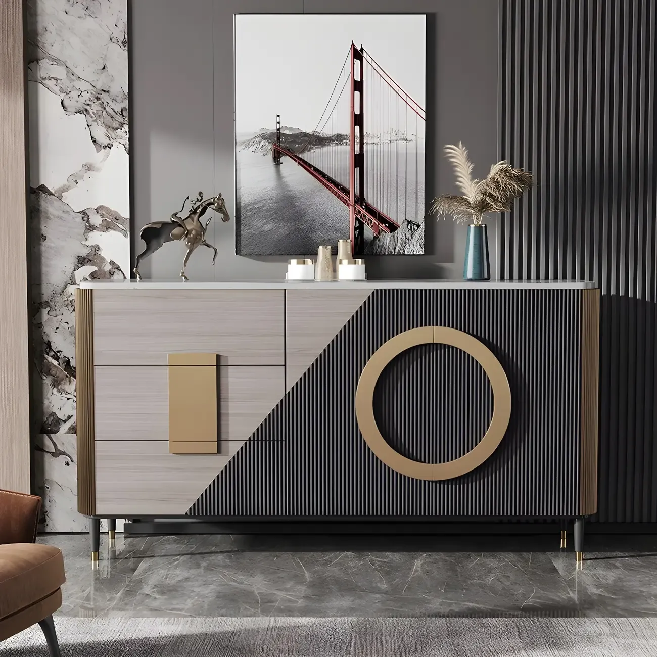 Glam Espresso Wood Buffet Table with Drawers & Cabinets