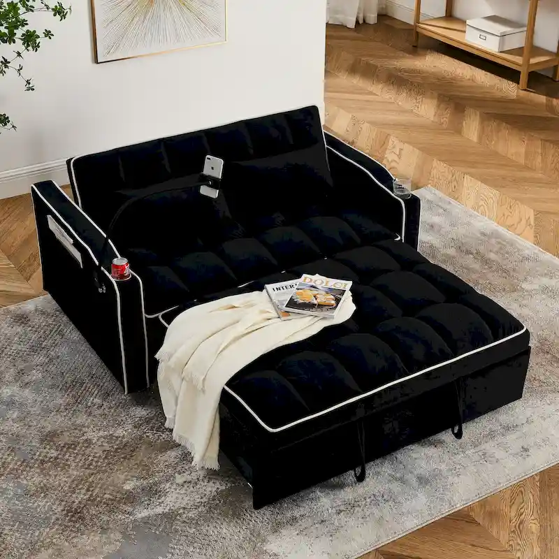 Foldable Futon Sofa Bed with USB Charging Port, 55.5 in, Velvet