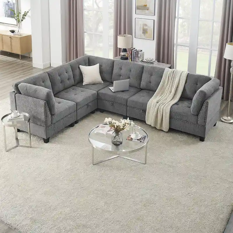 Grey 116 L-Shaped 6-Seat Sofa with Chairs and Storage