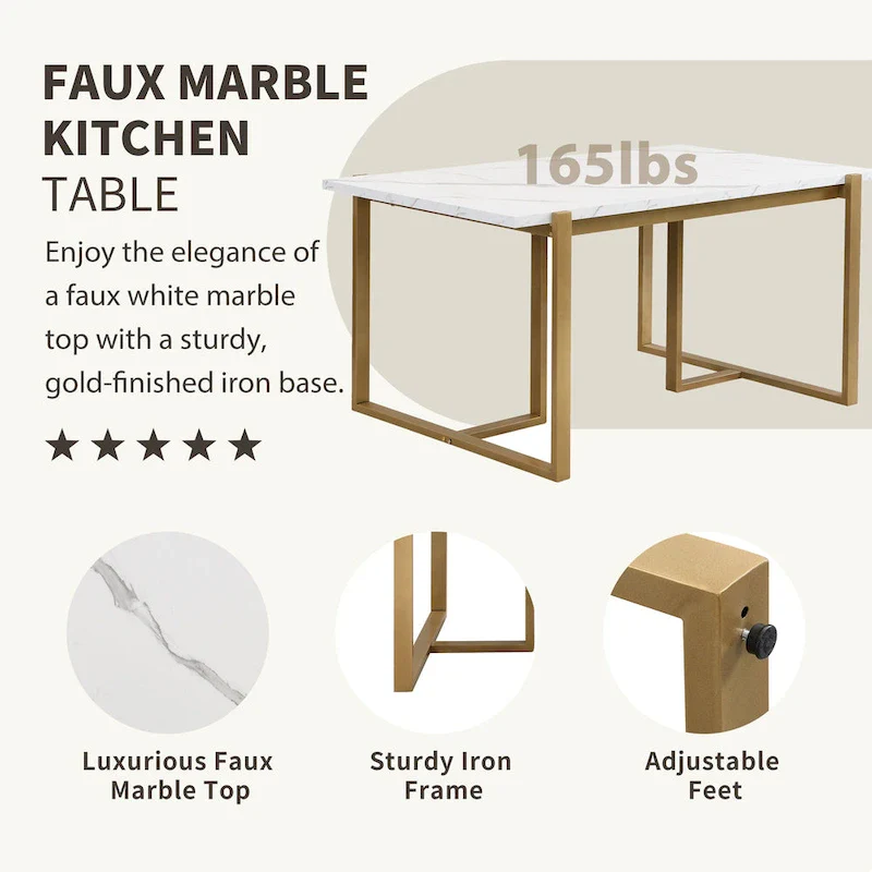 Modern Rectangular Dining Set - Faux Marble Table and 6 Upholstered Chairs