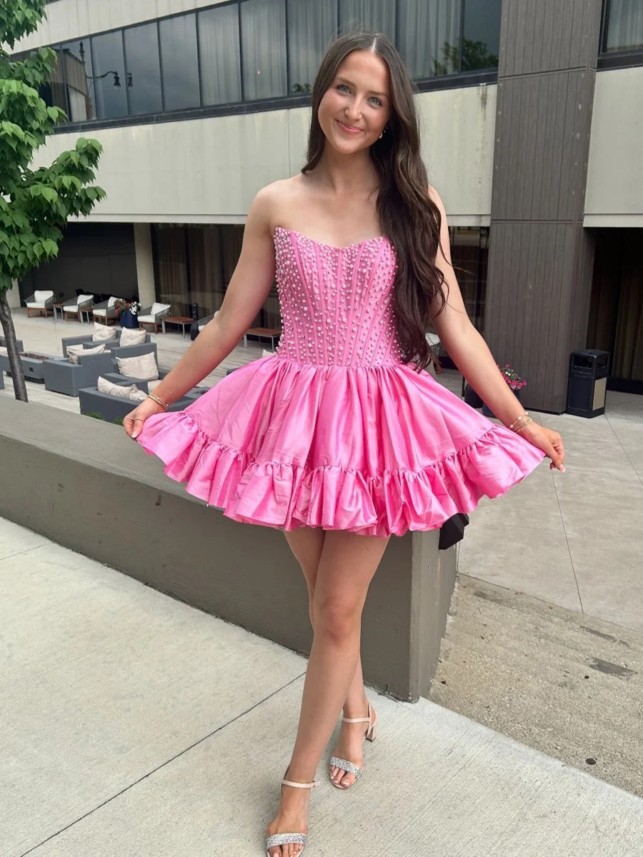 Pink - Strapless A Line Satin Ruffles Homecoming Dresses With Pearls