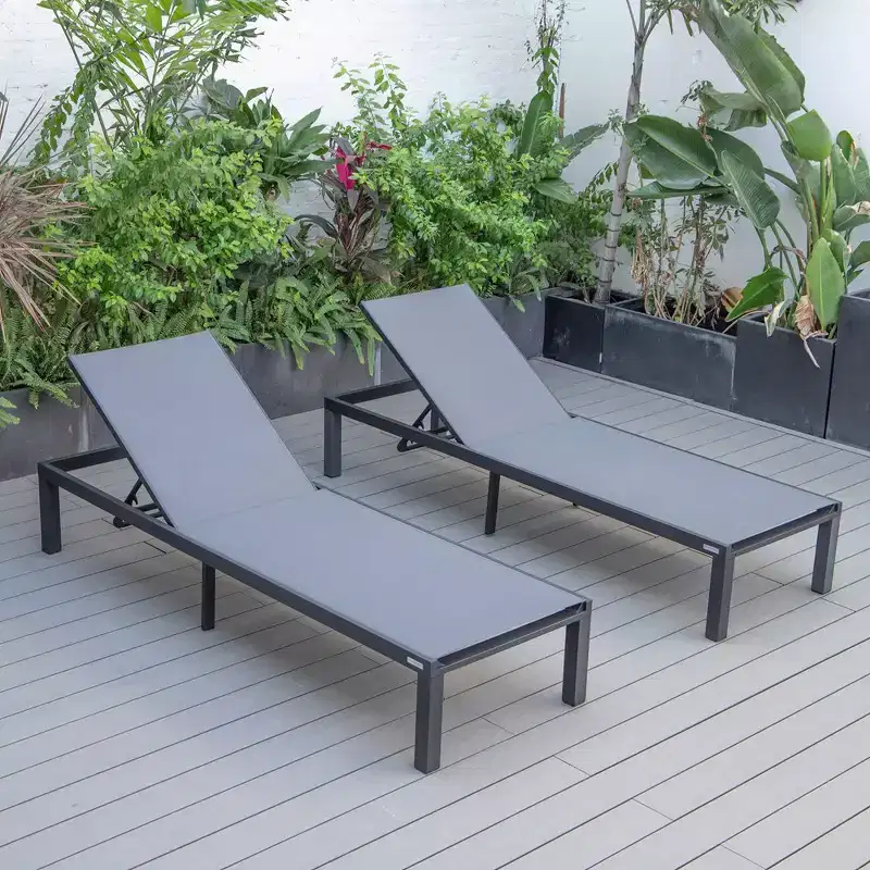 LeisureMod Marlin Patio Sling Chaise Lounge Chair Set of 2 in Black Aluminum, Adjustable and Weather-Resistant for Poolside, Garden, Deck, or Balcony