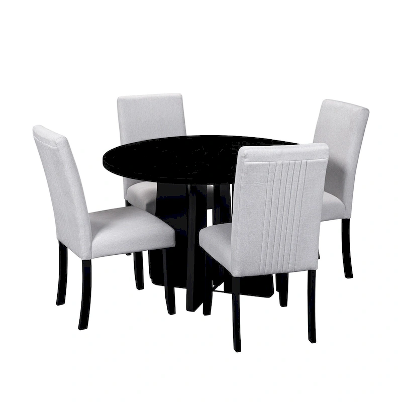 5 Pcs Wood Kitchen Table and Chair Set, 4 People Round Dining Table Set with Faux Marble Top and 4 Upholstered Chairs