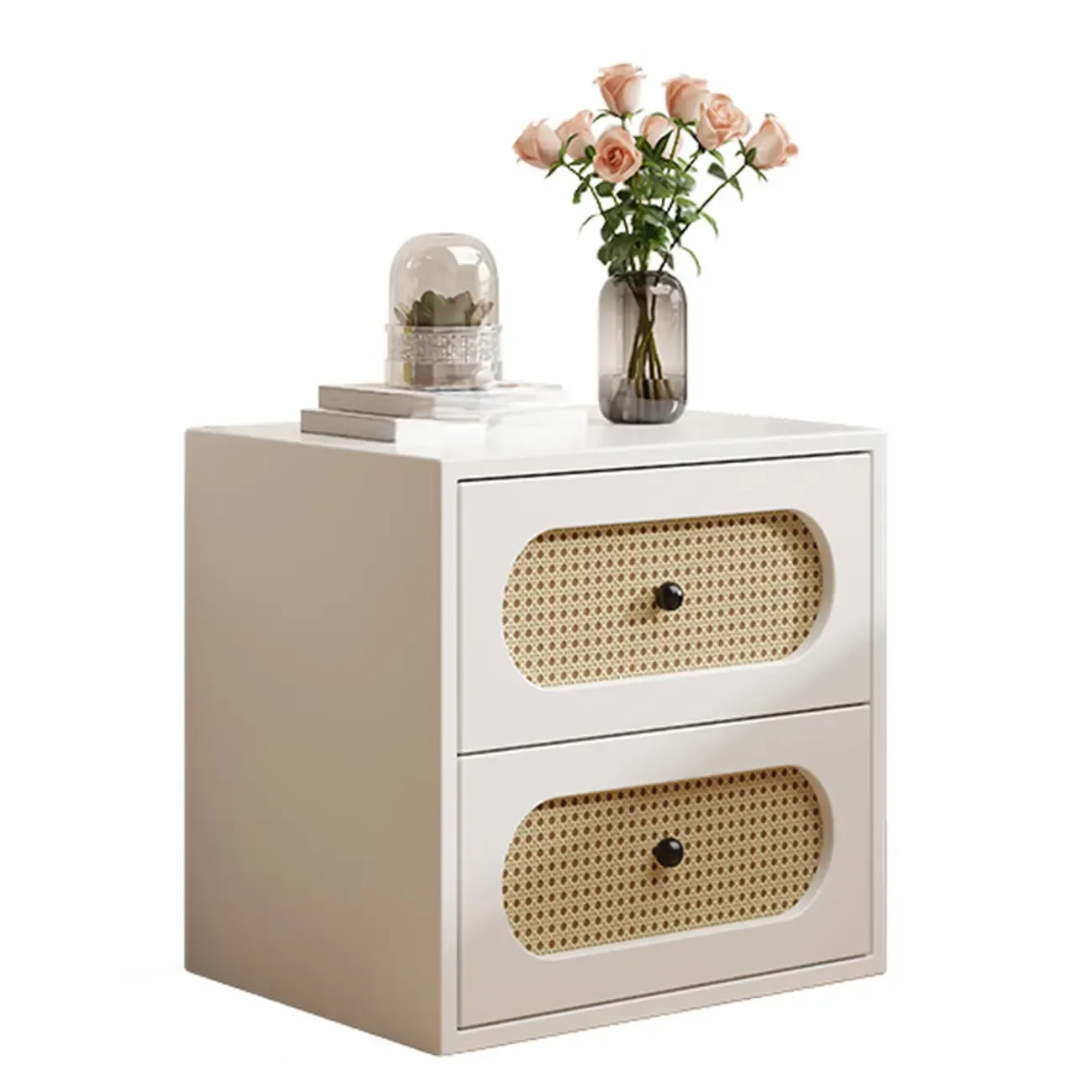 Functional White Wood Ratten 3-Drawer Narrow Nightstand
