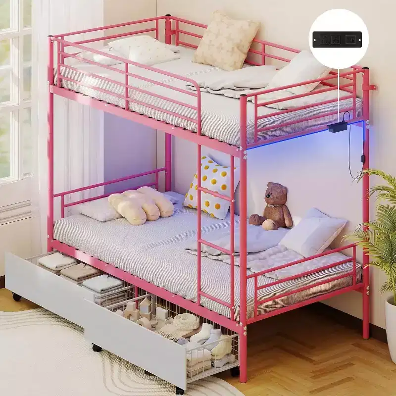 Zevemomo Twin Over Twin Convertible Bunk Bed with 2 Storage Drawers, USB Charging Station, LED Light, No Box Spring Needed, Metal, Pink