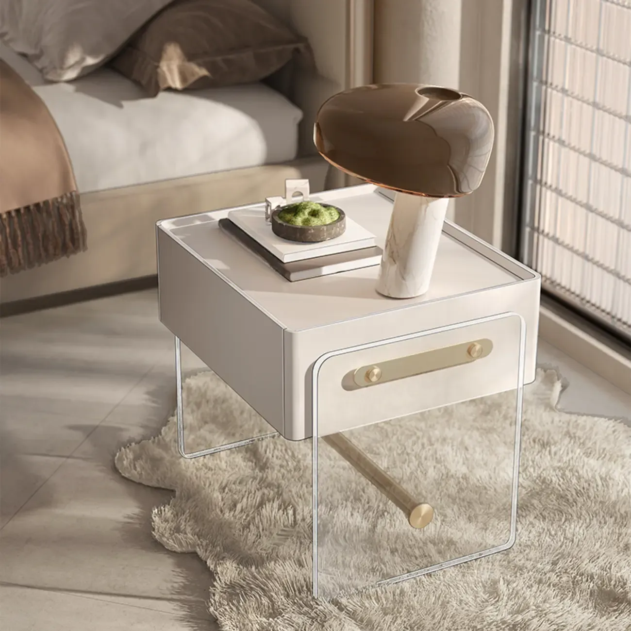 Modish White Acrylic 1-Drawer Nightstand with Shelf