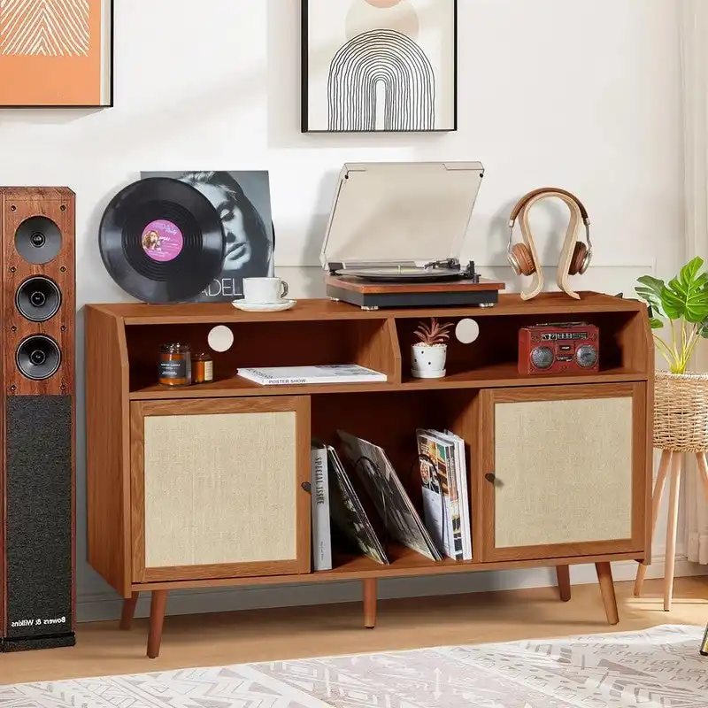Wood Color & Walnut Brown Retro Record Player Stand with Storage, 48.42