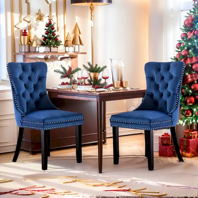 Velvet Dining Chairs Set of 2, Upholstered High-end Tufted Dining Room Chair with Nailhead Back Ring Pull Trim Solid Wood Legs