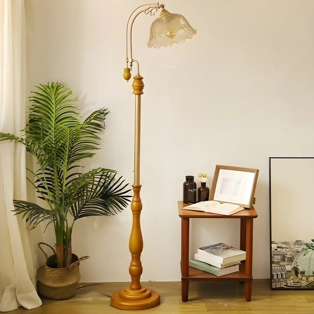 Plug-In Vintage Flower Shape Amber Glass Arc Floor Lamp