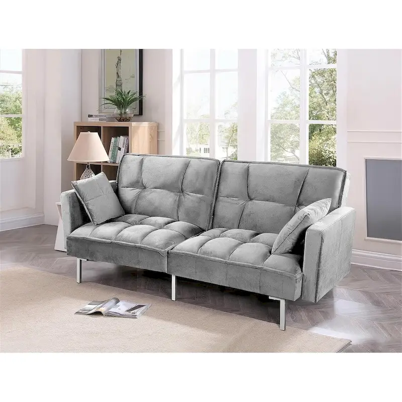 Regal Convertible Sleeper Sofa Bed Velvet Pull Out Couch with Mid-Century Style Tufted Design and Metal Legs