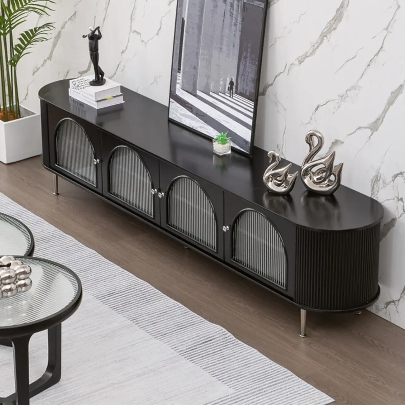 Long 2-Tier Wooden Black TV Stand with Glass Doors